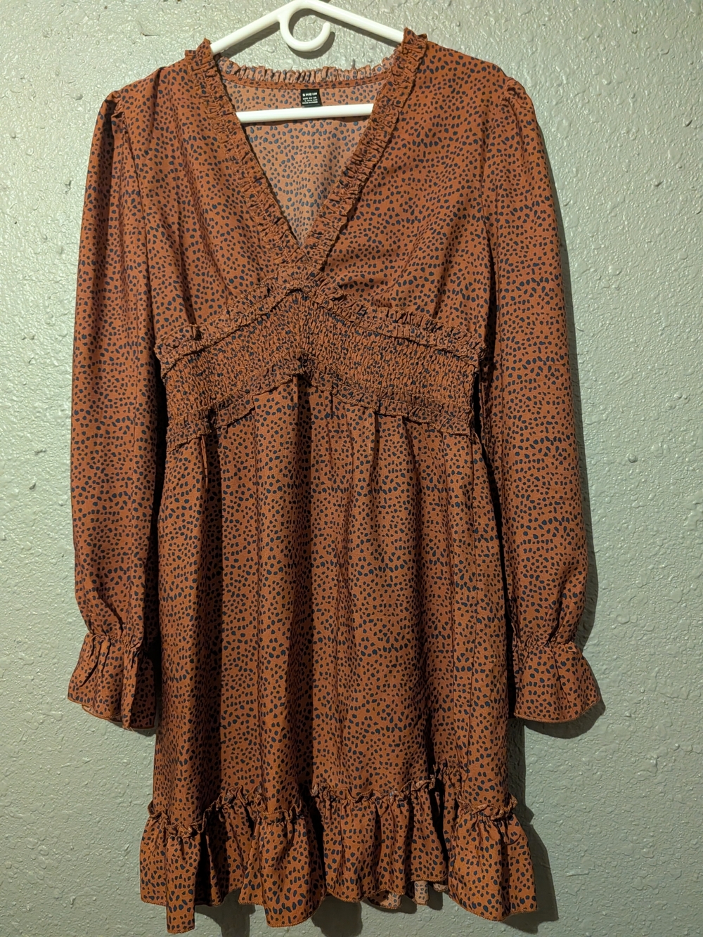 Sz L Smocked Waist Rust Long Sleeve Ruffle-Hem Dress